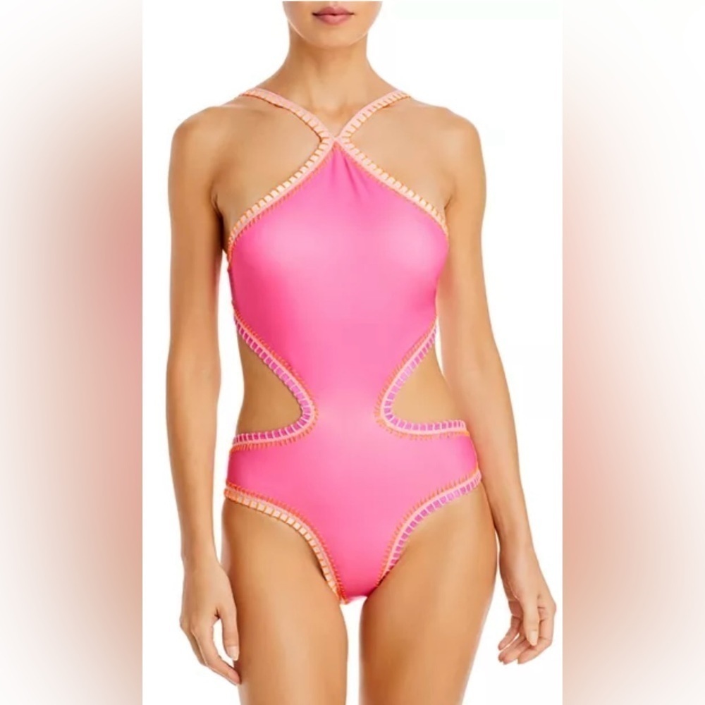 PQ Platinum by Solange Ferrarini Crochet Trim Halter Neck Swimsuit, Size M (v)